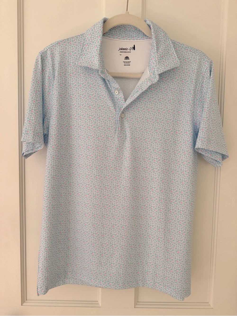 johnnie-O Light Blue Polo with Pink Micro Floral Print